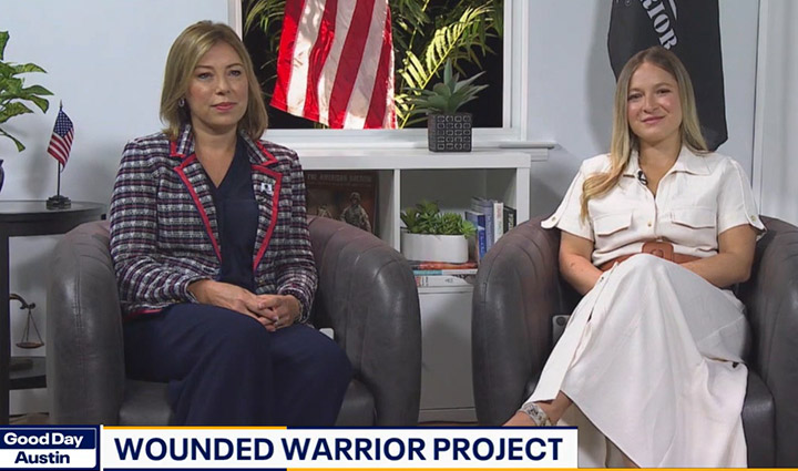Brea Kratzert Todd from WWP and Olivia Parker from Parker's Kitchen are seated in chairs for a television interview with WWP and American flags in the background.